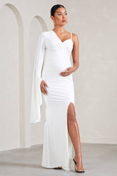 White V-Neck Split Maternity Maxi Dress With Cape Sleeve